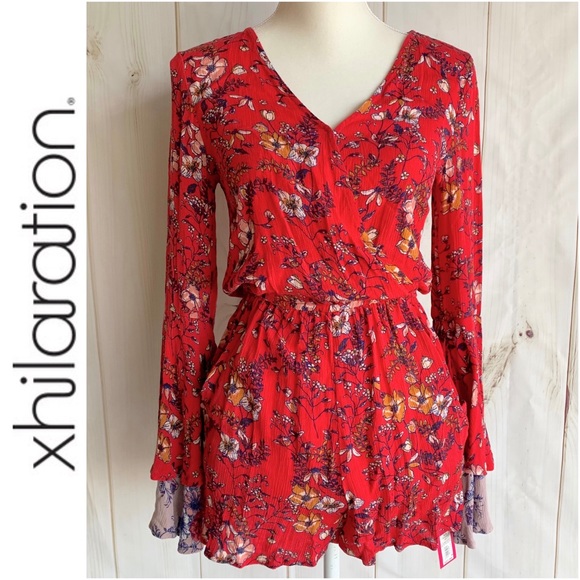 Xhilaration Other - NWT Xhilaration Red Floral Bell Sleeve Romper